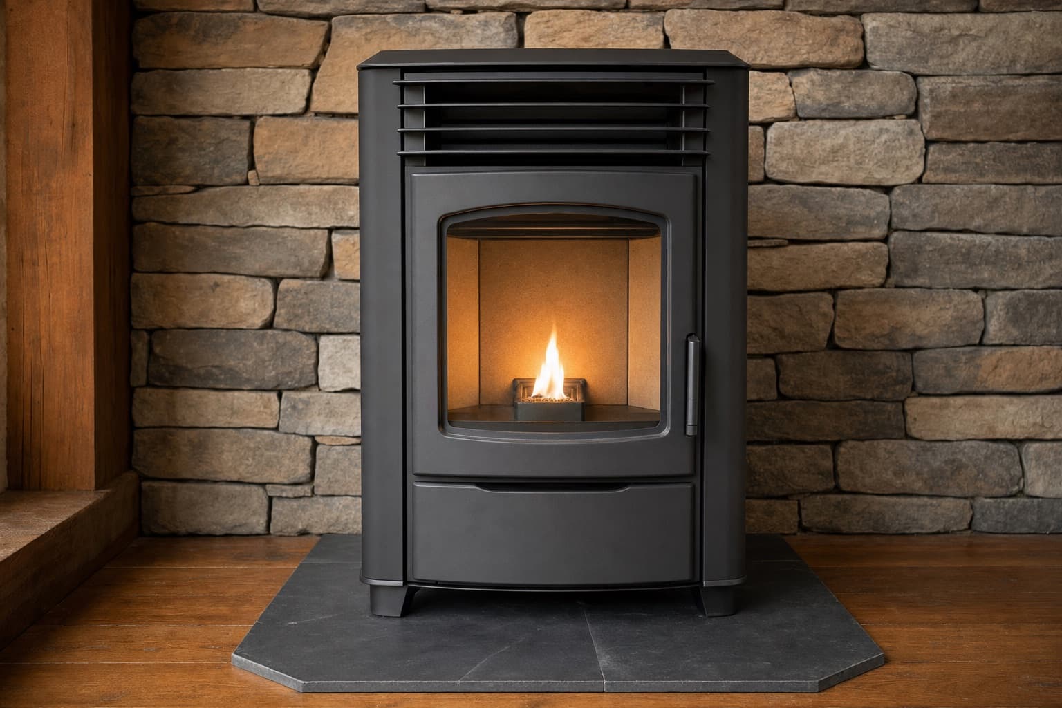 Le même poêle après entretien, vitre claire et flamme basse propre dans le creuset