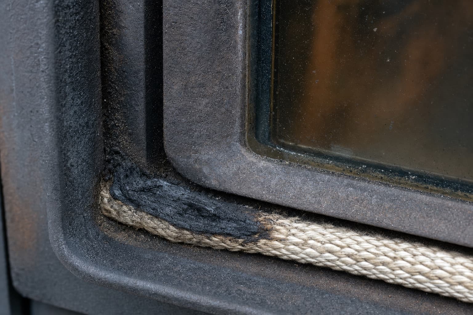 Le joint de porte d’un poêle, la tresse écrasée et noircie sur une portion